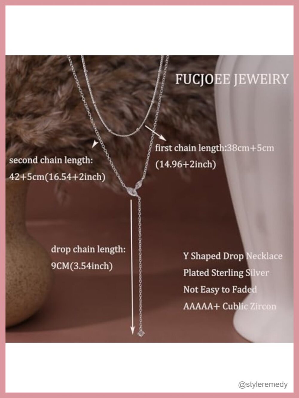 Dainty Layered Y-Shaped Lariat Necklace 14K Gold Plated Brass Crystal CZ Drop - Picture 3 of 6